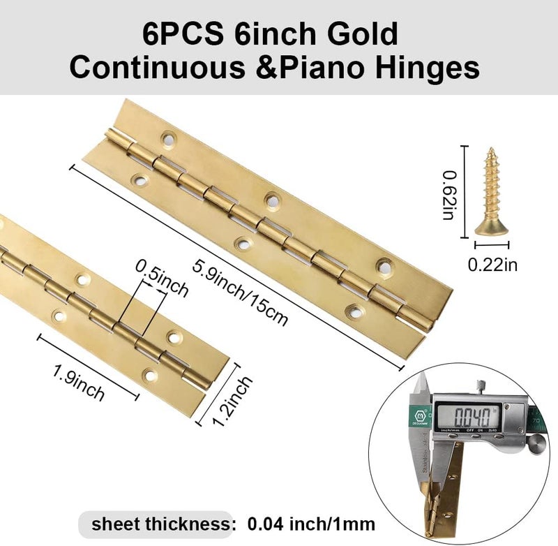 FVSEC 6 Inch Gold Stainless Steel Piano Hinges, 6 Pcs Continuous & Piano Hinge with Holes, Heavy Duty Piano Hinge 0.04" Leaf Thickness, 1.2'' Open Width for Furniture Cabinet Door Wooden Box Woodworking - Image 2